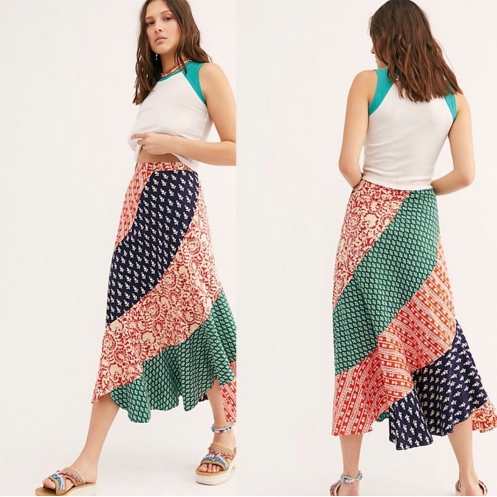 Free People Polska Medley Patchwork Maxi Skirt Size 8